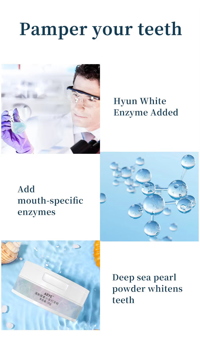AEYE Enzyme Baking Soda Tooth Powder, a light blue oral cleaning and teeth-whitening powder, removing stubborn dental stains