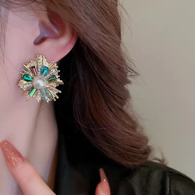 Gold Aurelie Starburst Baguette Stone & Faux Pearl Stud Earrings
