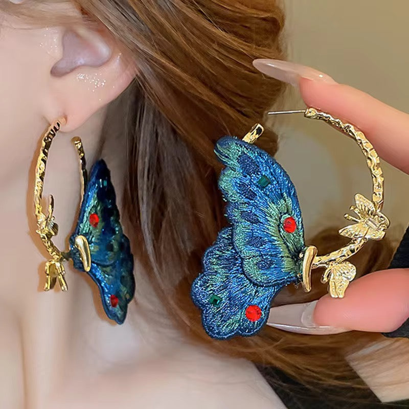 Vintage Embroidered Butterfly Hoop Earring 🦋