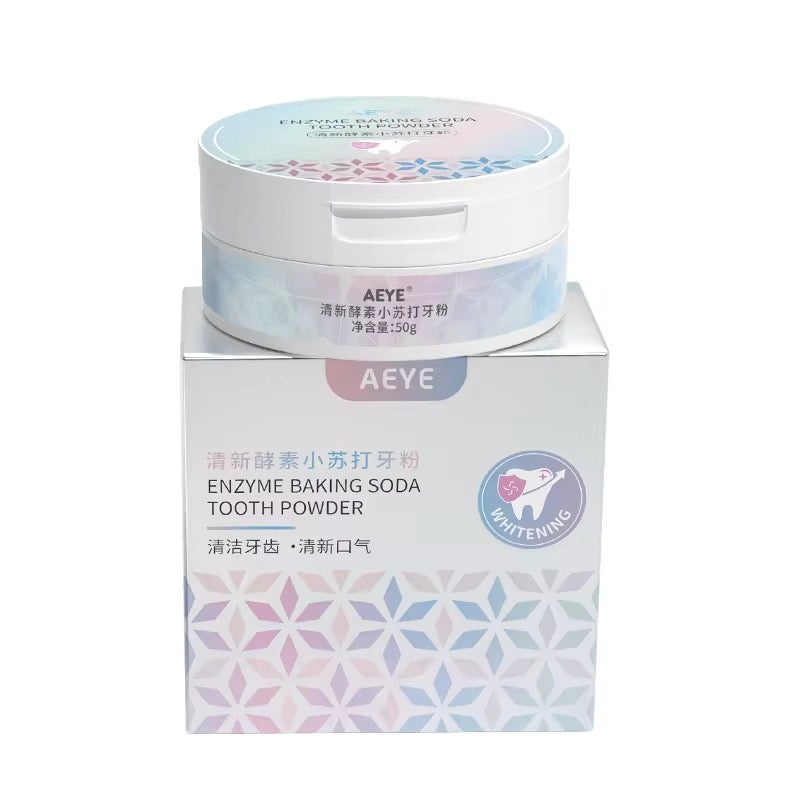 AEYE Enzyme Baking Soda Tooth Powder, a light blue oral cleaning and teeth-whitening powder, removing stubborn dental stains