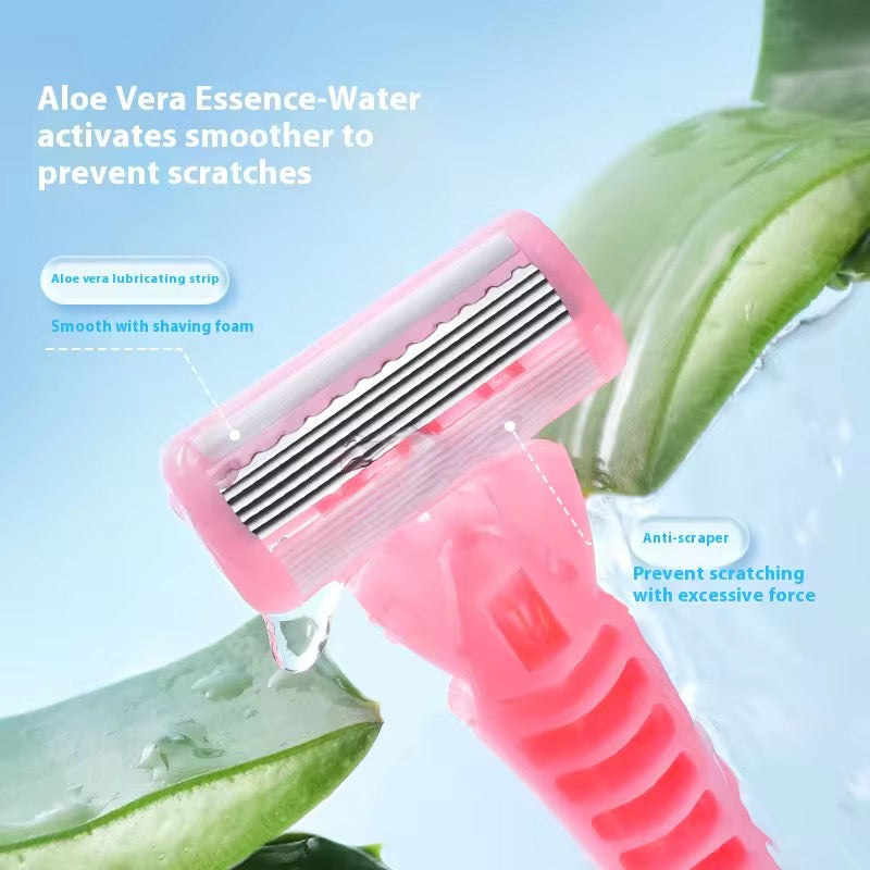 Pink 6-layered Shaving razor set with 3 Replacement Blades & 1 Cleaning Brush