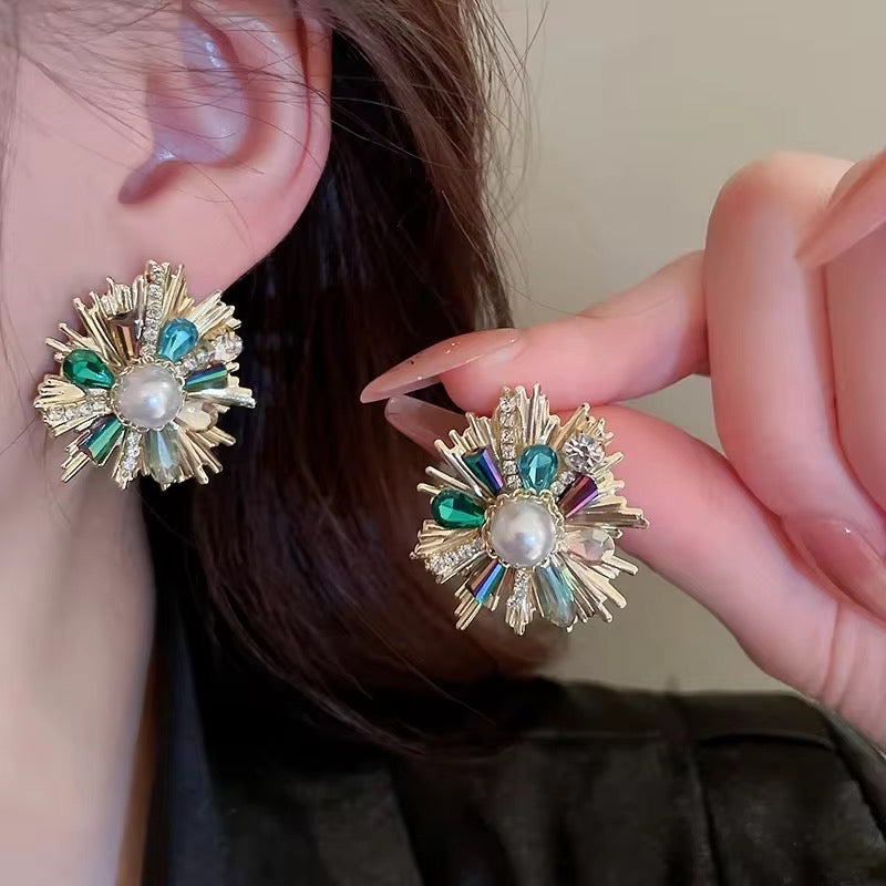 Gold Aurelie Starburst Baguette Stone & Faux Pearl Stud Earrings