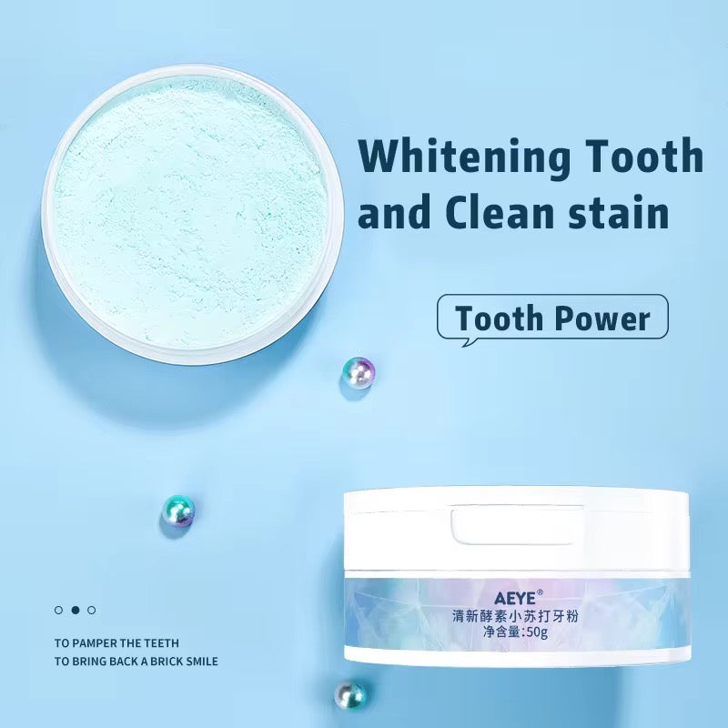 AEYE Enzyme Baking Soda Tooth Powder, a light blue oral cleaning and teeth-whitening powder, removing stubborn dental stains