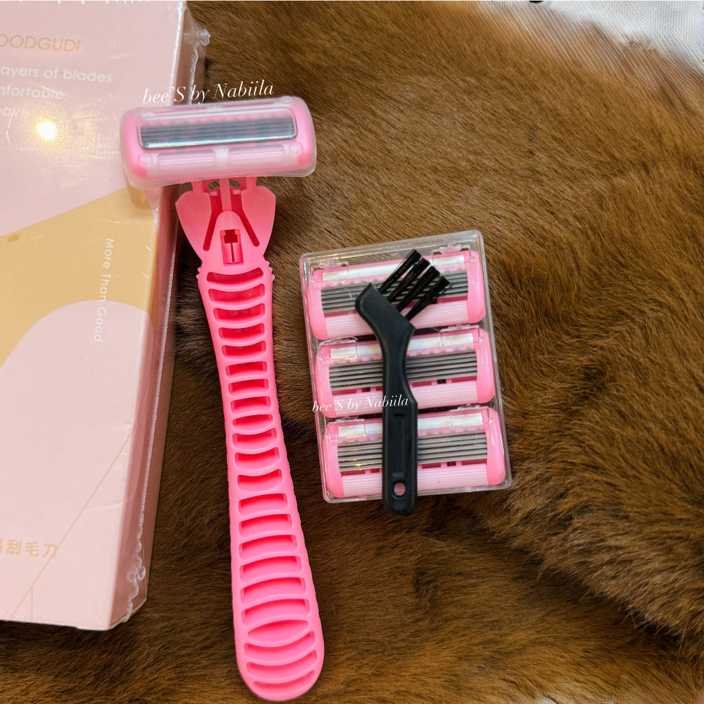 Pink 6-layered Shaving razor set with 3 Replacement Blades & 1 Cleaning Brush