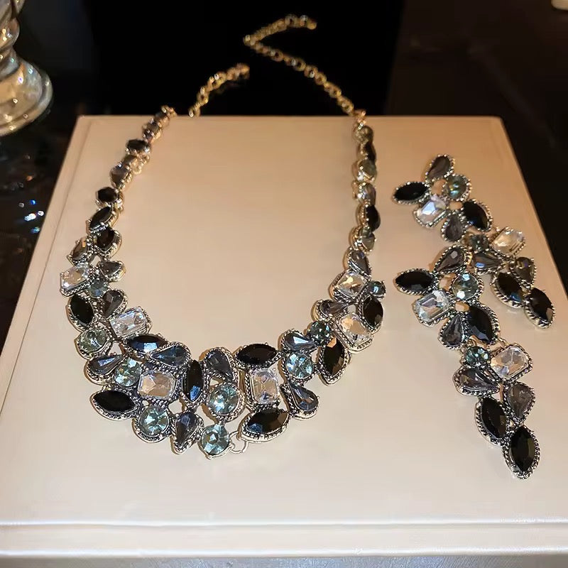 Black Geometric Rhinestone Statement Collar Necklace Set