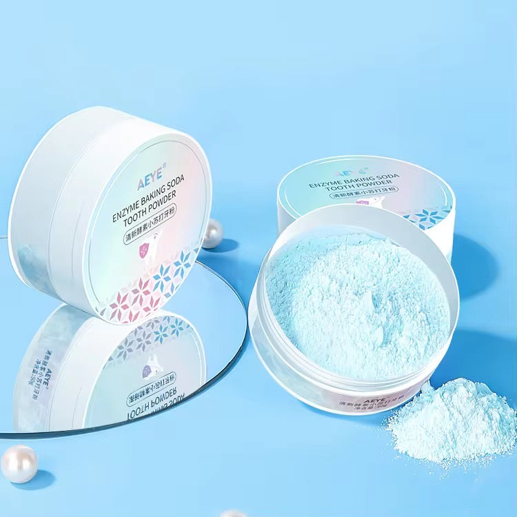 AEYE Enzyme Baking Soda Tooth Powder, a light blue oral cleaning and teeth-whitening powder, removing stubborn dental stains