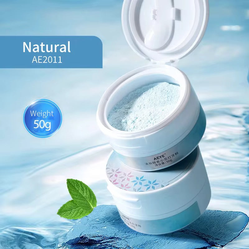 AEYE Enzyme Baking Soda Tooth Powder, a light blue oral cleaning and teeth-whitening powder, removing stubborn dental stains