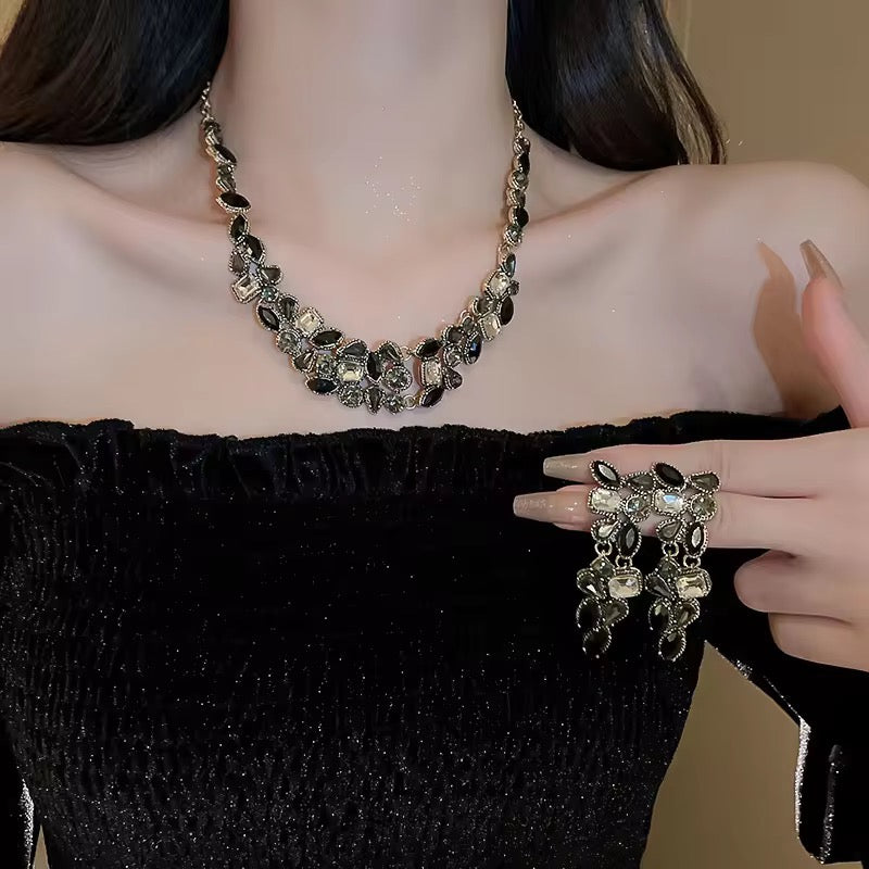 Black Geometric Rhinestone Statement Collar Necklace Set