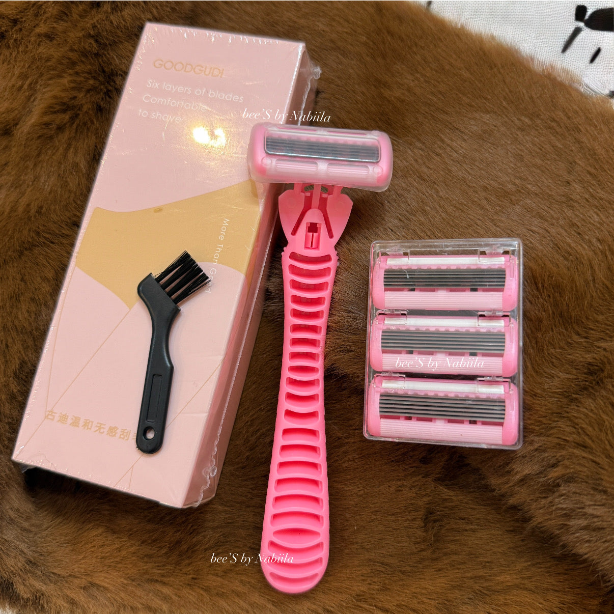 Pink 6-layered Shaving razor set with 3 Replacement Blades & 1 Cleaning Brush