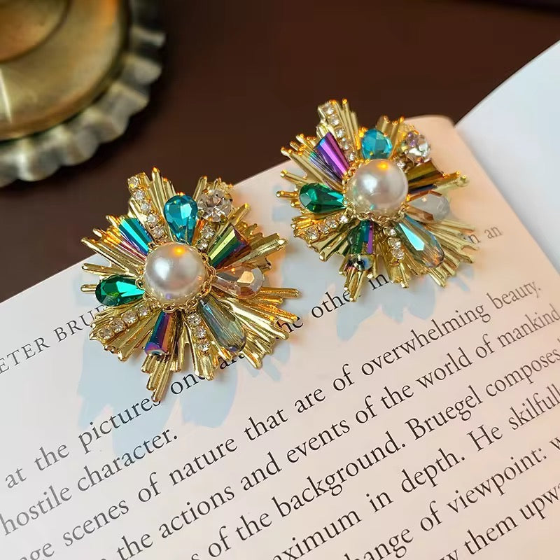 Gold Aurelie Starburst Baguette Stone & Faux Pearl Stud Earrings