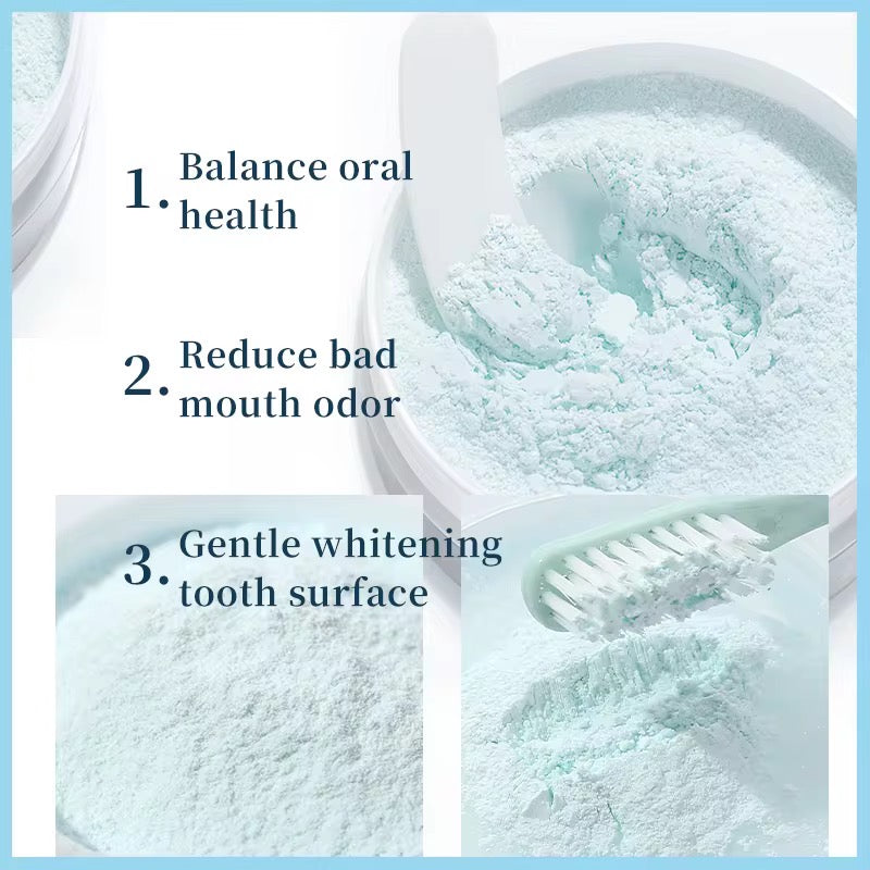 AEYE Enzyme Baking Soda Tooth Powder, a light blue oral cleaning and teeth-whitening powder, removing stubborn dental stains