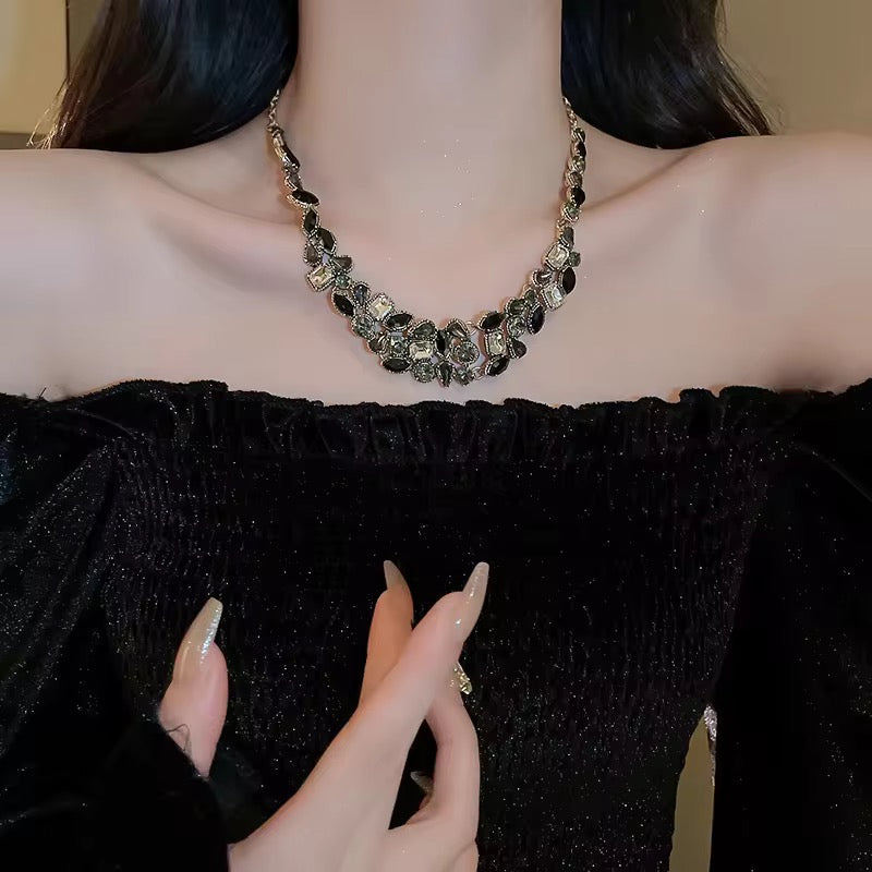 Black Geometric Rhinestone Statement Collar Necklace Set