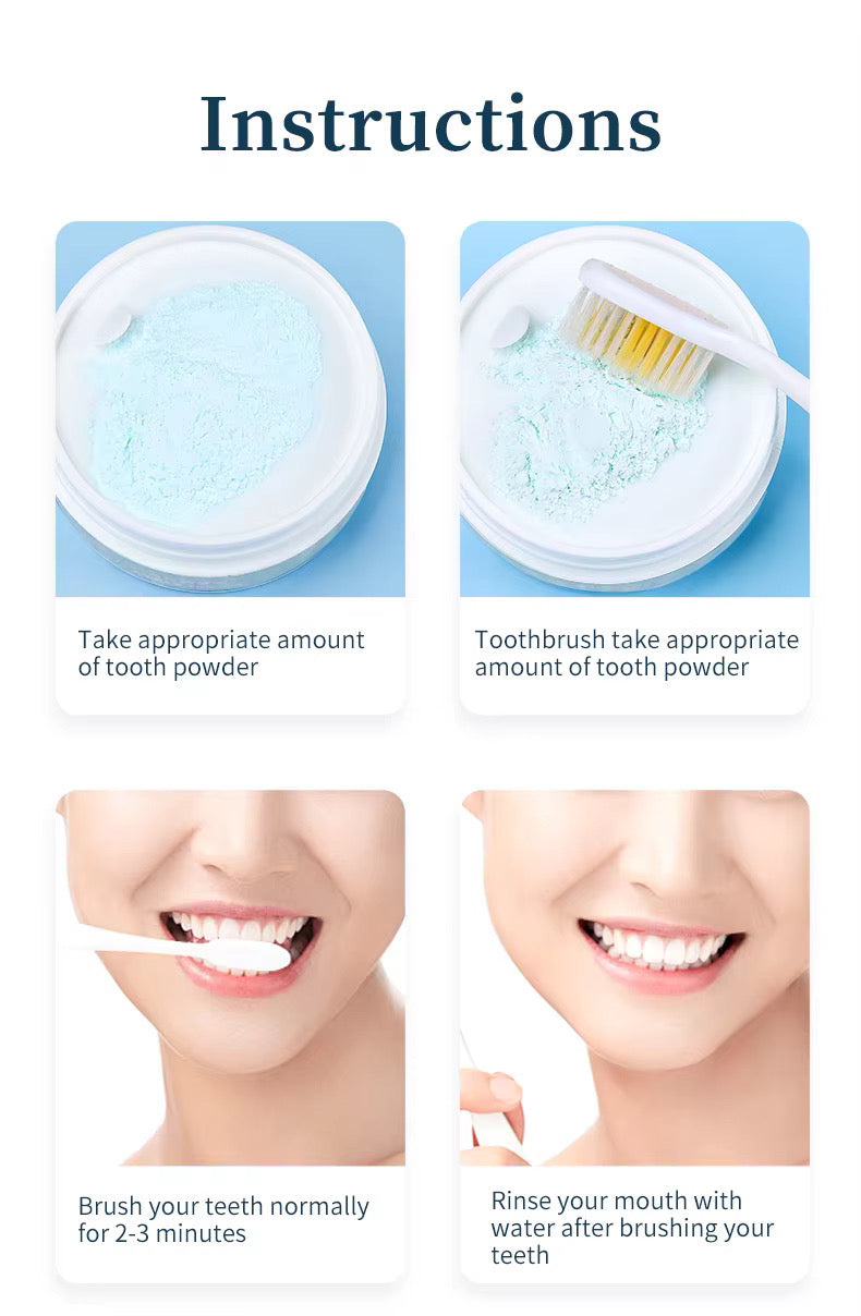 AEYE Enzyme Baking Soda Tooth Powder, a light blue oral cleaning and teeth-whitening powder, removing stubborn dental stains