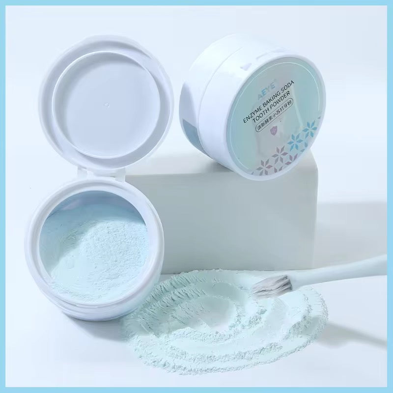 AEYE Enzyme Baking Soda Tooth Powder, a light blue oral cleaning and teeth-whitening powder, removing stubborn dental stains