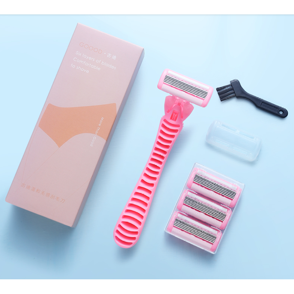 Pink 6-layered Shaving razor set with 3 Replacement Blades & 1 Cleaning Brush